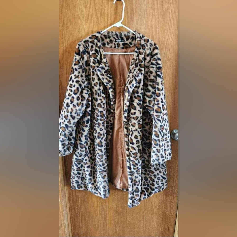Shein Collarless Open Front Leopard Coat
